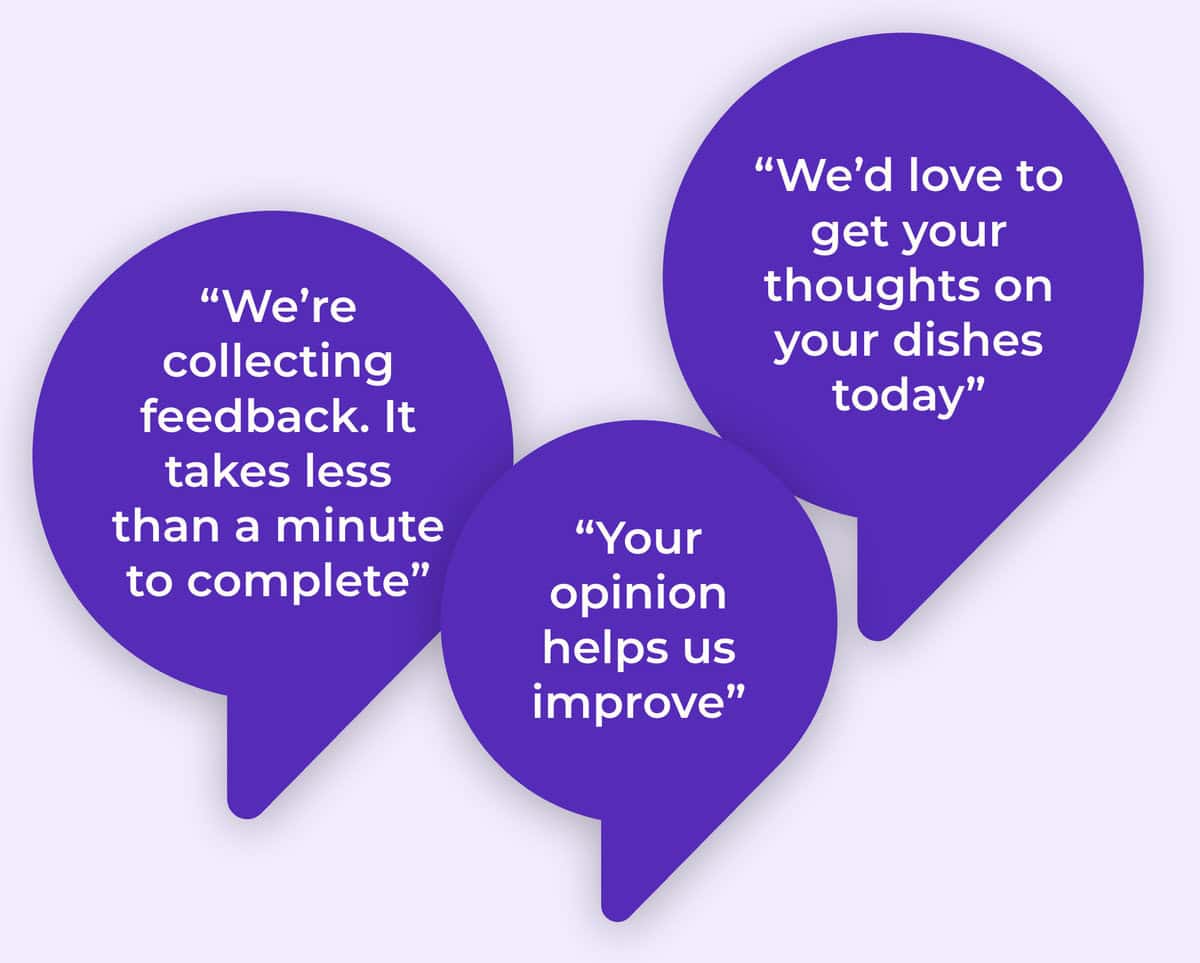 Three purple speech bubbles on a white background encourage Restaurant Survey Collection: “We’d love to get your thoughts on your dishes today”, “We’re collecting feedback. It takes less than a minute”, and “Your opinion helps us improve”.