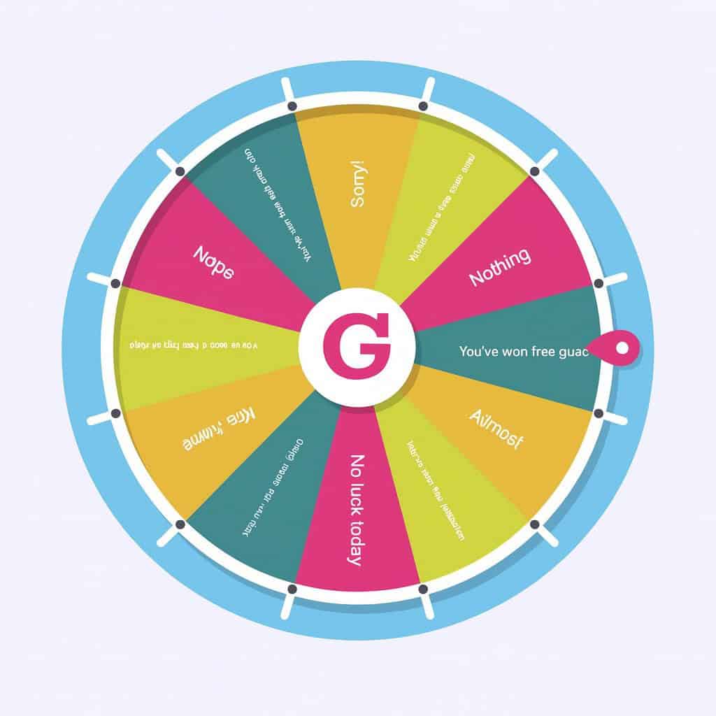A colorful prize wheel with eight sections, perfect for Restaurant Survey Collection, labeled: Sorry, Nothing, You’ve won free guac, Almost, No luck today, Kiss a llama, Nope, and Do a taco jig. The pointer lands on "You’ve won free guac.