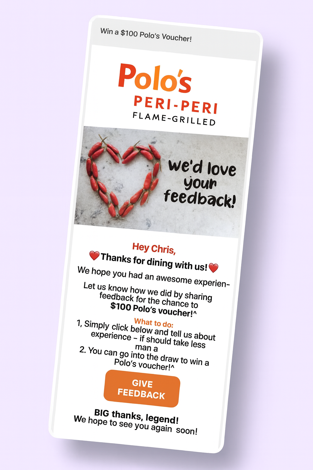 A smartphone screen displays a Polo's Peri-Peri Restaurant Survey Collection request, featuring a heart shape made of red chili peppers, inviting the recipient to share feedback for a chance to win a $100 voucher.