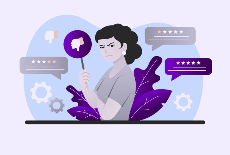 A woman with a displeased expression holds a sign with a thumbs-down symbol, reflecting the challenge of responding to negative restaurant reviews. Around her are speech bubbles showing mixed star ratings, gears, and purple leaves in the background.