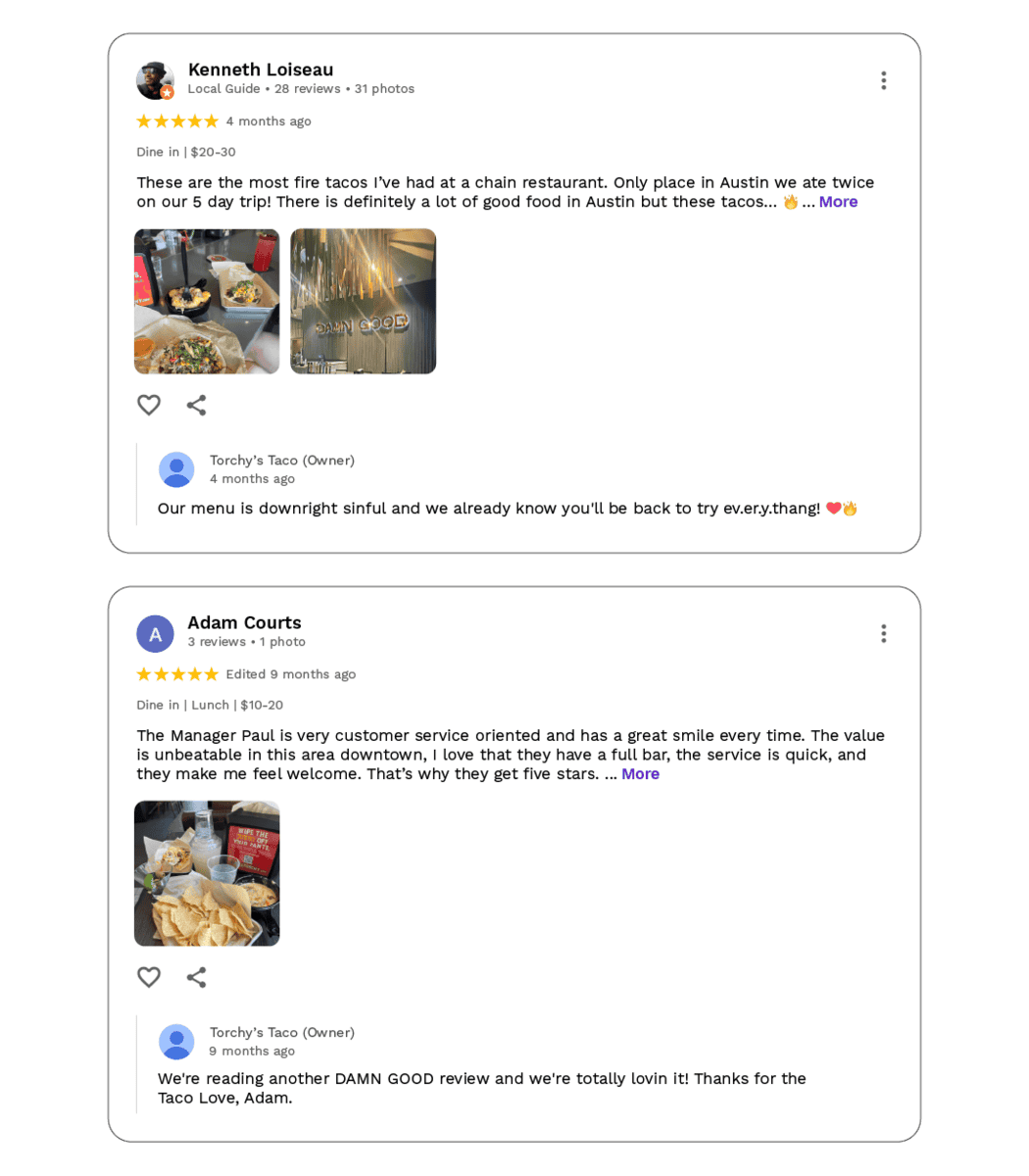Screenshot of two Google reviews for a taco restaurant. Both reviews praise the tacos, menu, and service, with photos of tacos and tortilla chips. Perfect example for those interested in responding to positive restaurant reviews.