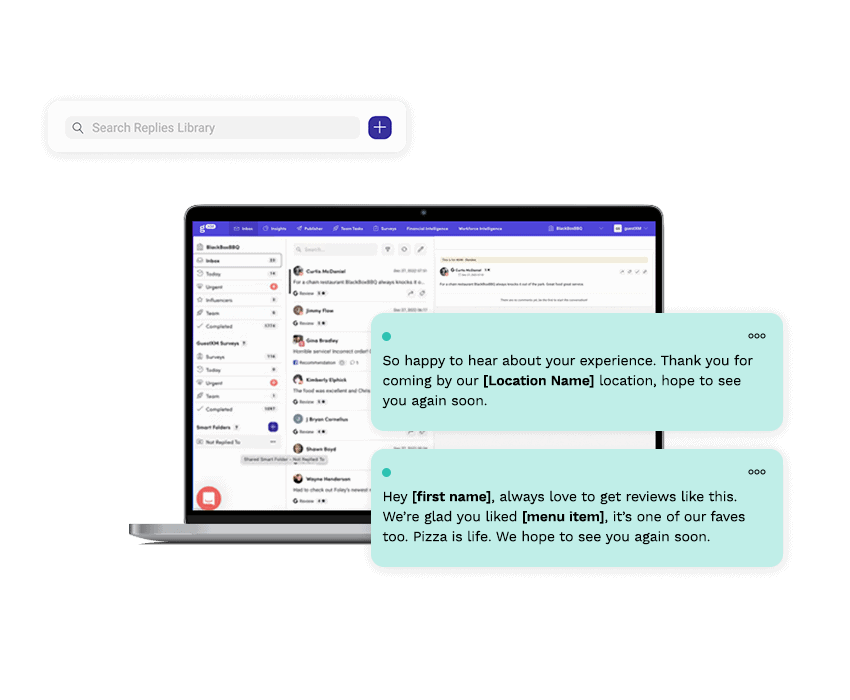 A laptop displays a messaging application screen, with two chat bubbles in front showing examples of responding to positive restaurant reviews, and a search bar labeled "Search Replies Library" above.