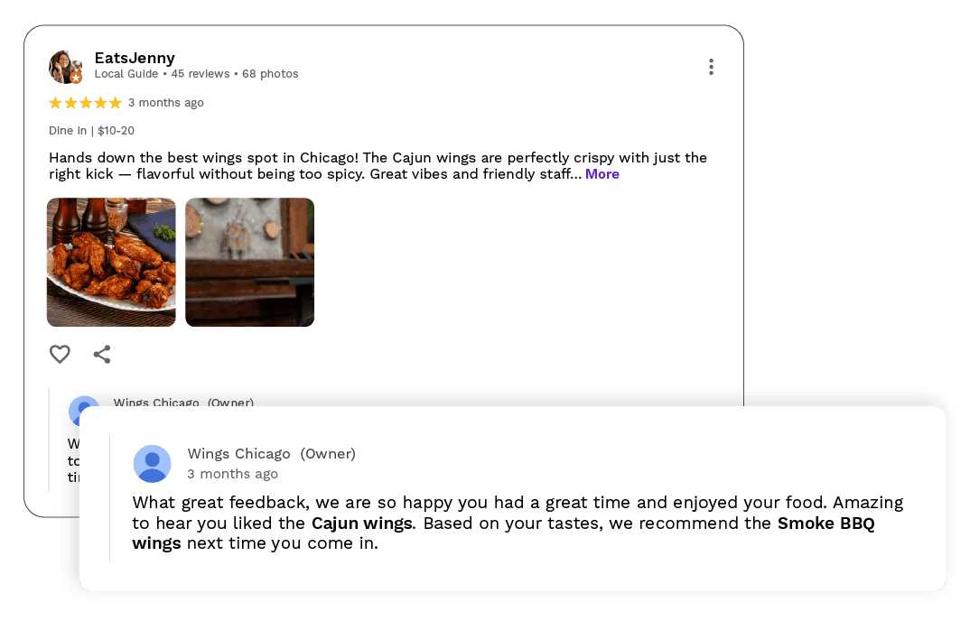 A Google review praises Chicago's Cajun wings for flavor and crispiness, with the restaurant responding to positive restaurant reviews by recommending smoke BBQ wings. Food photos and user ratings are shown.