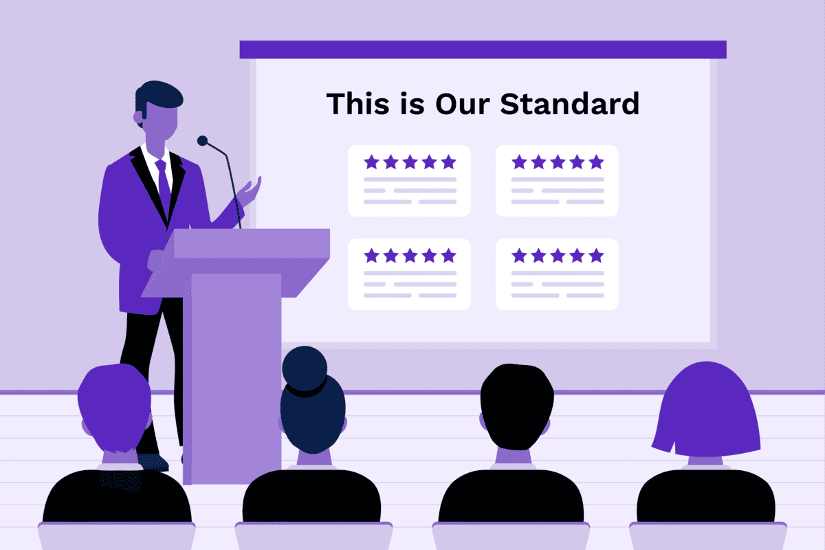 An illustrated man in a suit presents at a podium to an audience, with a screen behind him displaying "This is Our Standard" and four five-star rating cards—highlighting the importance of responding to positive restaurant reviews.