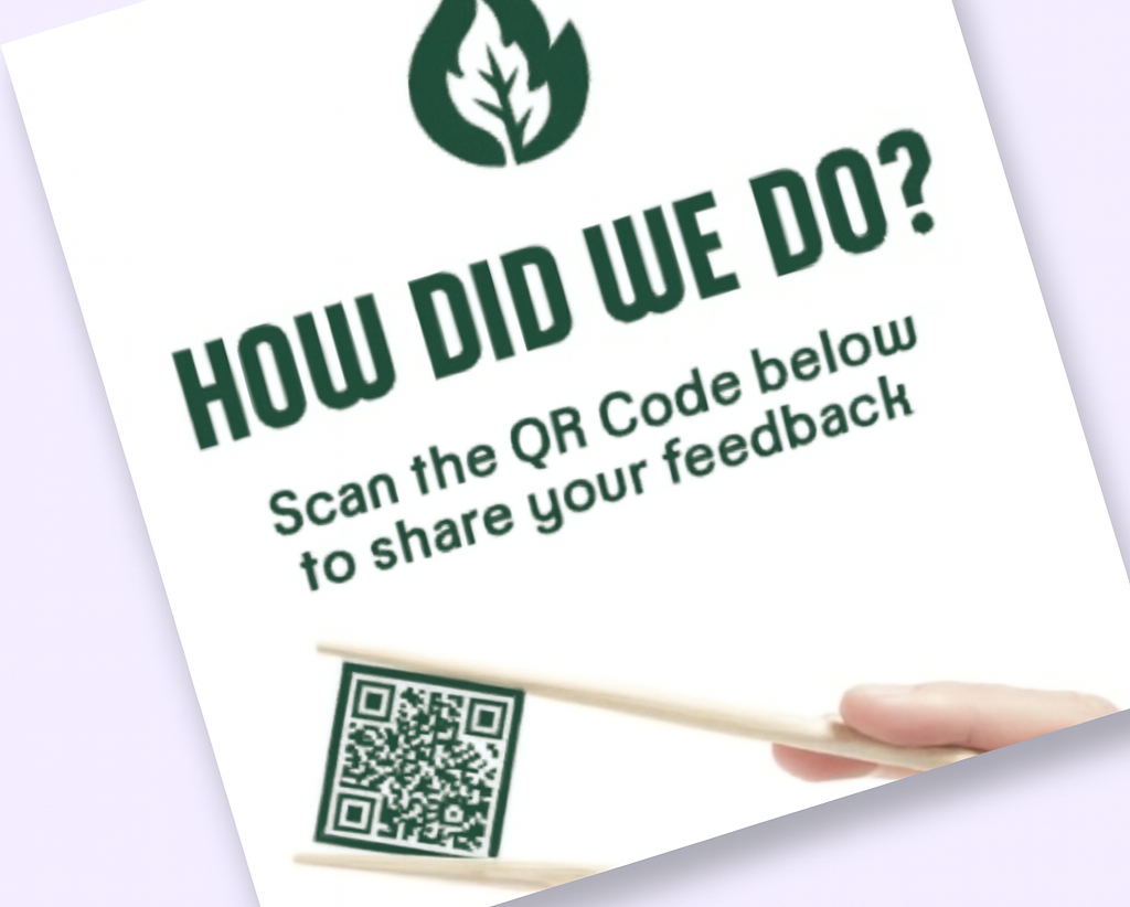 A hand holding chopsticks grips a QR code below text that reads, "HOW DID WE DO? Scan the QR Code below to start our Restaurant Survey Collection and share your feedback." A green flame logo is displayed at the top.