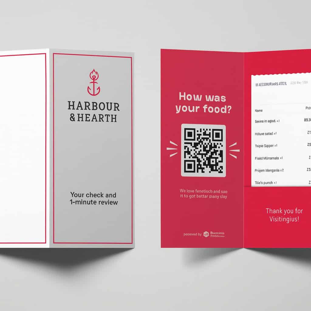 A restaurant bill folder with "HARBOUR & HEARTH" on the front. Inside, a QR code for Restaurant Survey Collection sits under “How was your food?” with a bill summary on the right and “Thank you for Visiting us!” at the bottom.