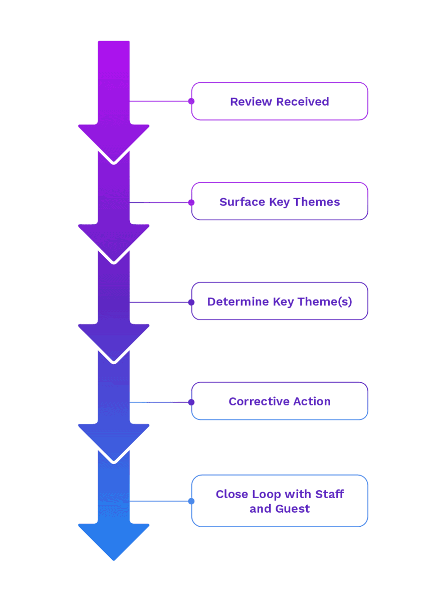 A vertical flowchart with five steps, each beside a large downward arrow: Review Received, Surface Key Themes, Determine Key Theme(s), Corrective Action, and Close Loop with Staff and Guest—ideal for responding to negative restaurant reviews.