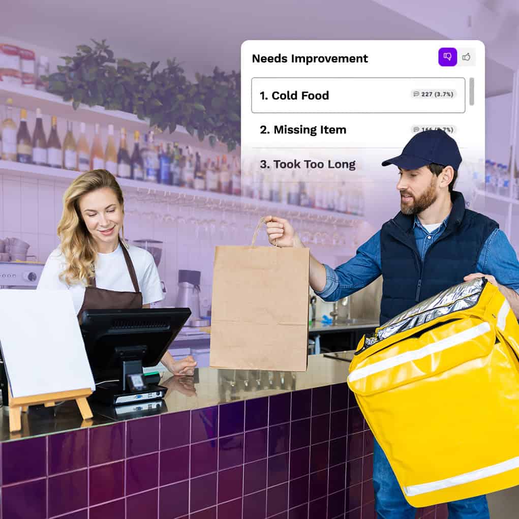 A female cashier hands a paper bag to a male food delivery worker with a yellow insulated bag, while a feedback screen behind them lists issues, highlighting the importance of responding to negative restaurant reviews.