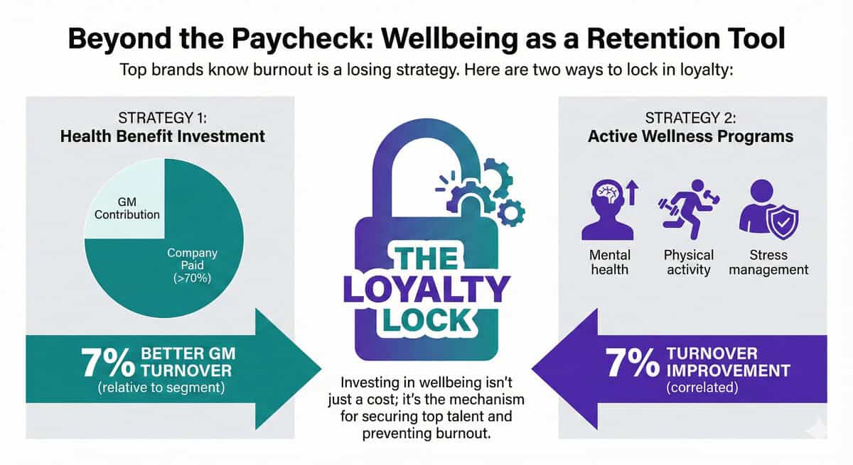 Infographic titled “Beyond the Paycheck: Wellbeing as a Retention Tool” shows two strategies—health benefit investment and wellness programs—that each cut turnover by 7%, highlighting “The Loyalty Lock” for improved General Manager Retention.