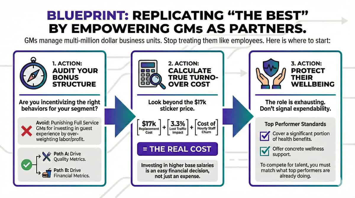 Infographic titled "Blueprint: Replicating 'The Best' By Empowering GMs As Partners" with three steps to boost General Manager Retention: auditing bonus structures, calculating true turnover cost, and protecting employee wellbeing. Includes icons and brief tips.