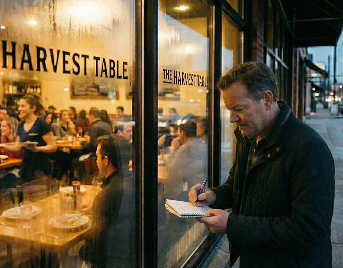 A man stands outside "The Harvest Table," jotting notes on restaurant performance in his notebook, while people dine inside at crowded tables. The window is fogged, and the scene takes place in the evening.
