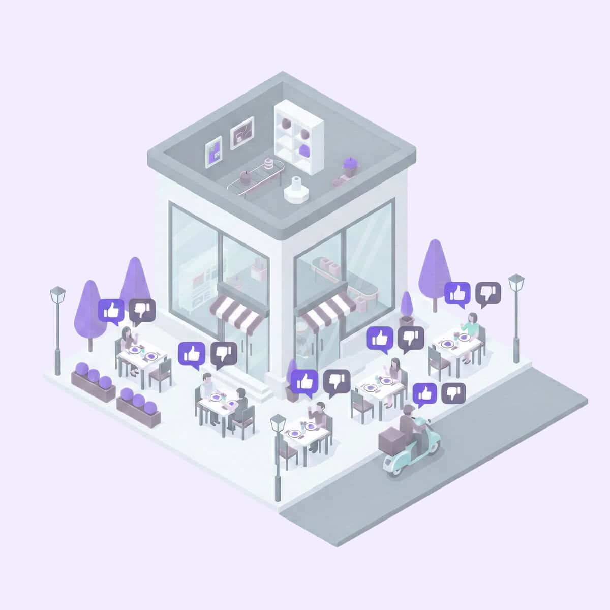 Isometric illustration of a modern café with outdoor seating, customers at tables, and a scooter parked on the street. Floating thumbs-up icons reflect positive feedback, hinting at a survey structure capturing customer satisfaction.