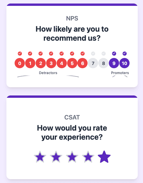 The survey structure features two sections: first, an NPS scale from 0 to 10 distinguishing Detractors, Neutral, and Promoters; second, a CSAT rating highlighting 4 out of 5 stars.