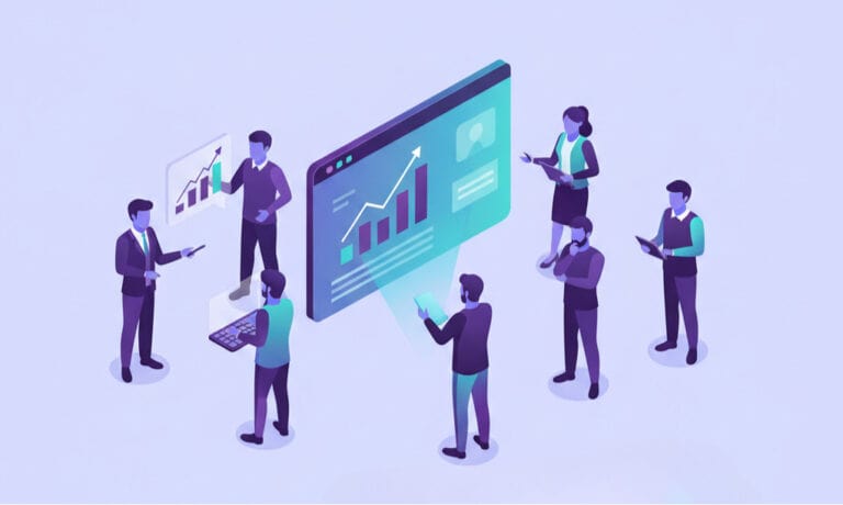 Illustration of six people standing around large digital screens displaying graphs and data charts, some holding tablets and laptops, suggesting a business meeting focused on data analysis and Survey Structure.