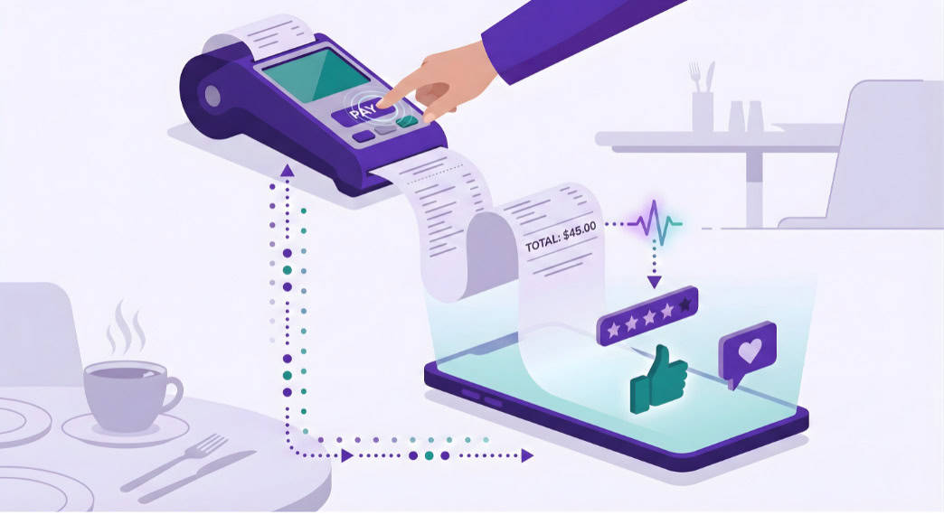 A hand presses "pay" on a card reader, printing a $45 receipt that transforms into a smartphone displaying a thumbs up, star rating, and heart icon—perfect for responding to positive restaurant reviews. A coffee cup sits on the nearby table.