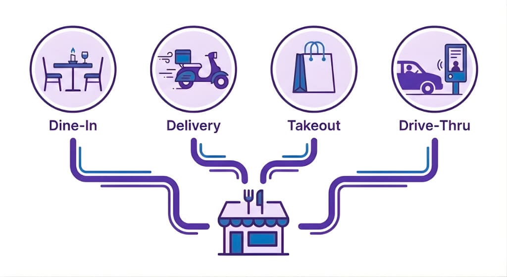 Infographic showing four restaurant service options—Dine-In, Delivery, Takeout, and Drive-Thru—all connected to a restaurant icon. Great for illustrating tips on responding to positive restaurant reviews for each service style.