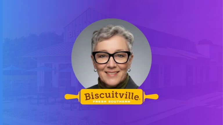 A woman with short gray hair and black glasses smiles at the camera. Her portrait is centered on a blurred purple restaurant background, with a yellow "Biscuitville Fresh Southern" logo and Lessons From the Field Episode 12 below her photo.