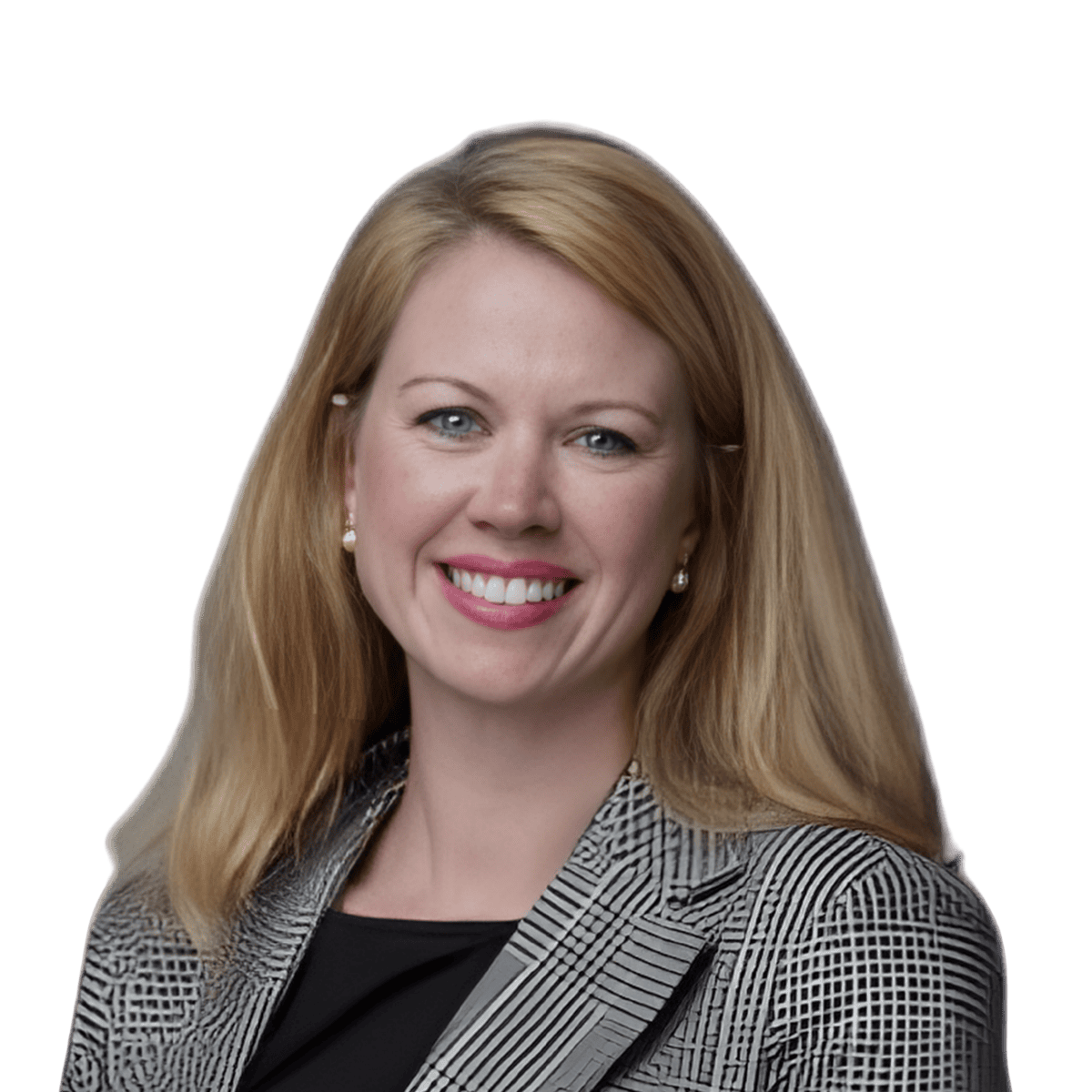 A woman with long blond hair, wearing a patterned blazer over a black top, smiles at the camera against a plain white background—perfect for a Case Study:Urbane Cafe team spotlight.