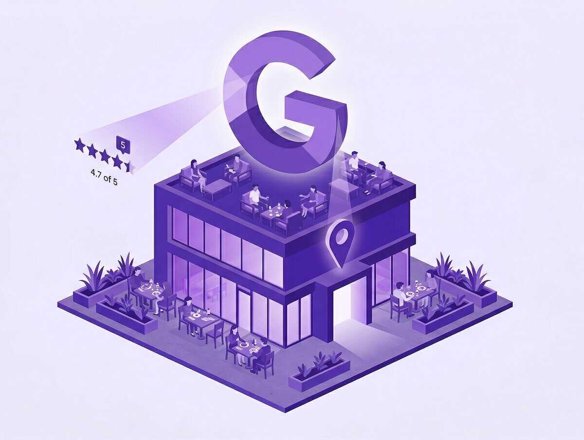 An isometric illustration of a restaurant with people dining inside and outside. A large "G" hovers above the building, and a 4.7 out of 5 star rating is displayed, resembling an online review system.