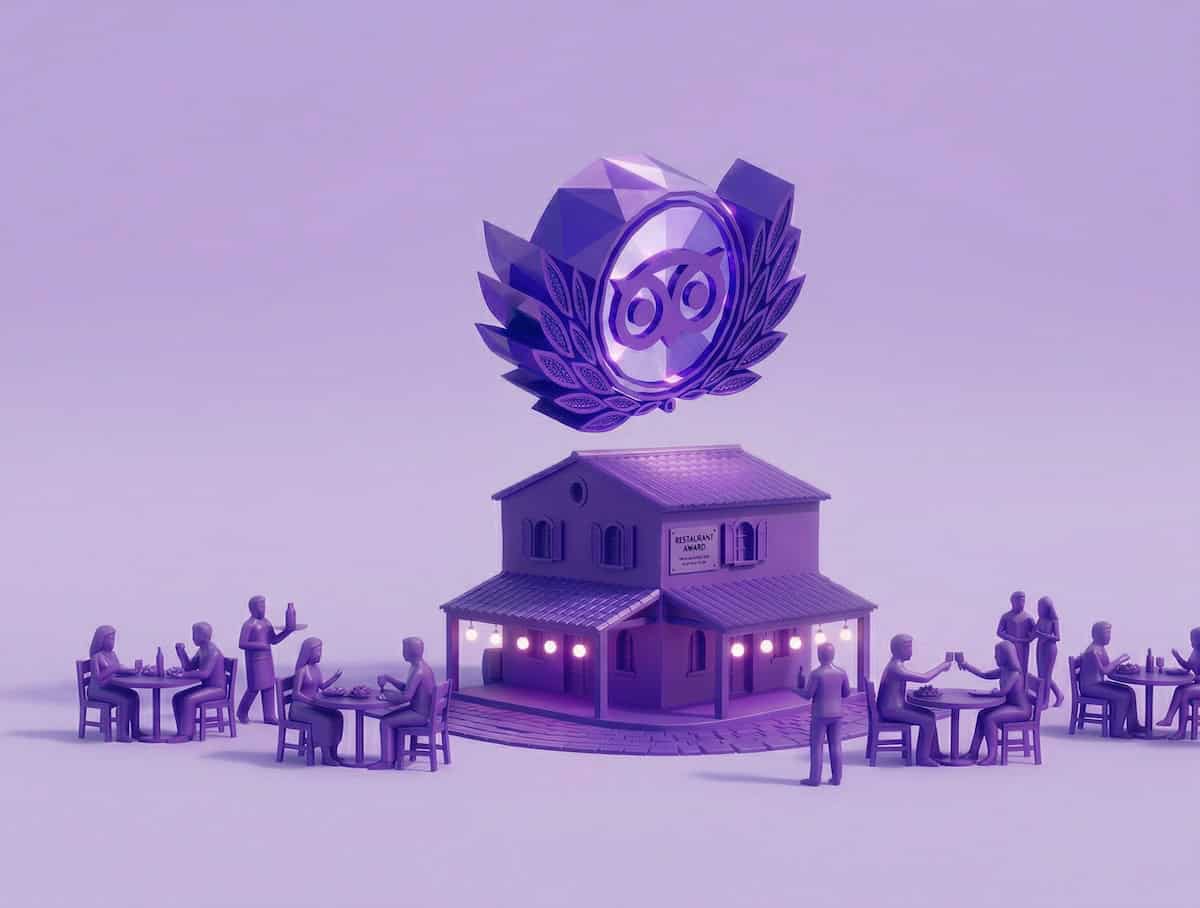 Purple-toned illustration of people sitting at tables around a two-story building with a sign that reads "RESTAURANT." Above the building is a large emblem with laurel leaves and a stylized owl.
