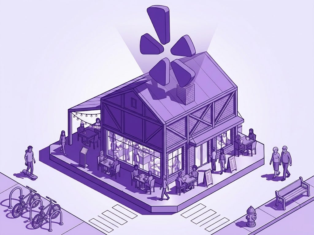 Illustration of a restaurant on a corner lot with people dining inside and outside. A large Yelp logo floats above the building. Bike racks and pedestrians are visible nearby. The image uses a purple color scheme.