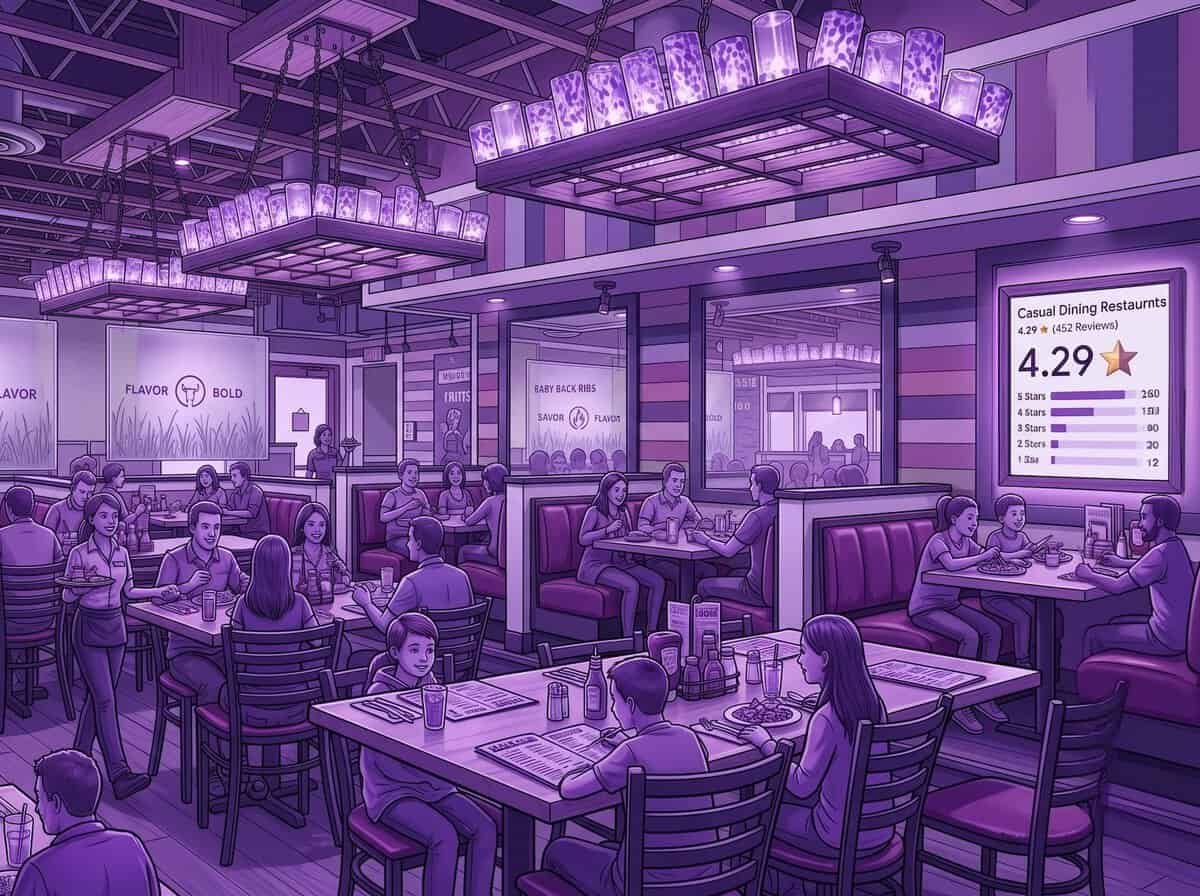 A busy casual dining restaurant with families and groups at tables and booths, modern lighting fixtures, and a wall display highlighting Reputation Management Benchmarks: Casual Dining Restaurants with a 4.29-star rating.