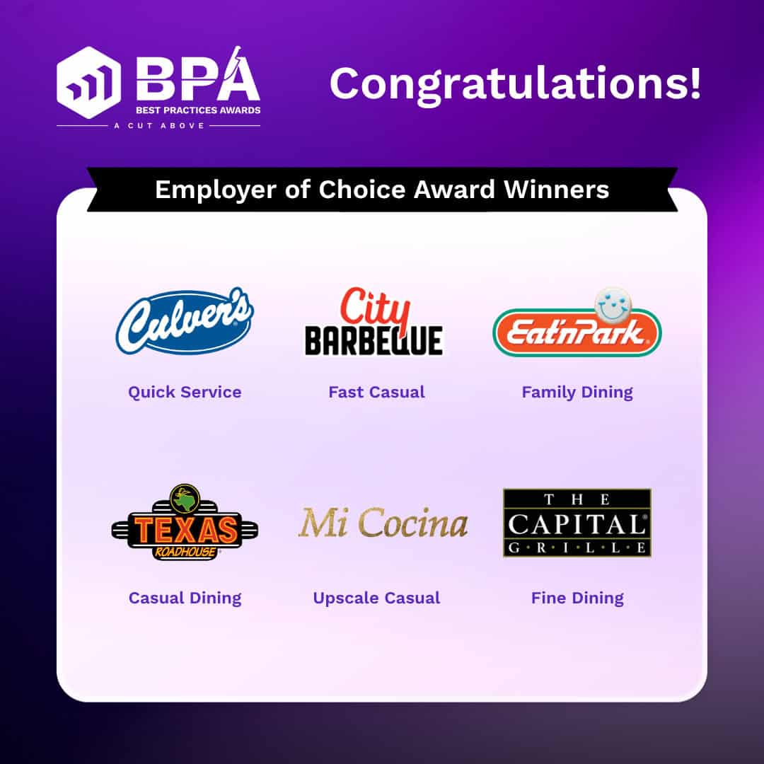A graphic with a purple background displays the Best Practices Awards logo and title "Employer of Choice Award Winners" with logos and categories for Culver’s, City Barbeque, Eat’n Park, Texas Roadhouse, Mi Cocina, and The Capital Grille.