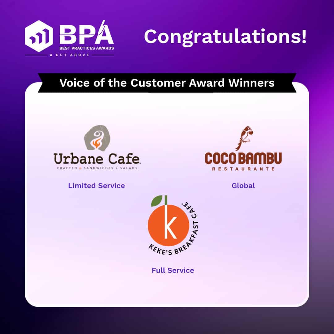 A graphic announces the "Voice of the Customer Award Winners" for the Best Practices Awards. Logos of Urbane Cafe (Limited Service), Coco Bambu (Global), and Keke's Breakfast Cafe (Full Service) are displayed.