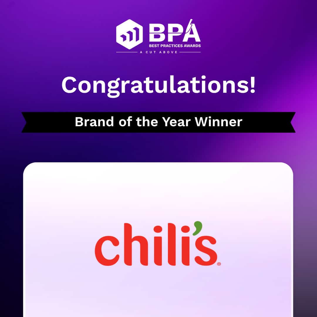 A graphic with a purple gradient background displays "BPA Best Practices Awards" at the top, "Congratulations! Brand of the Year Winner" in the middle, and the Chili's restaurant logo at the bottom.